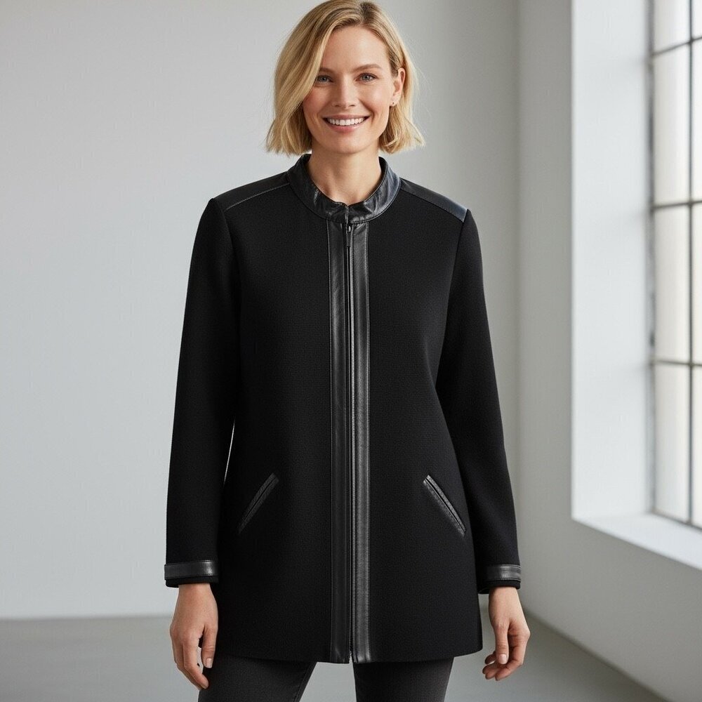 Dana Buchman Women’s Black Merino Wool & Leather Trim Sweater Jacket Size Large